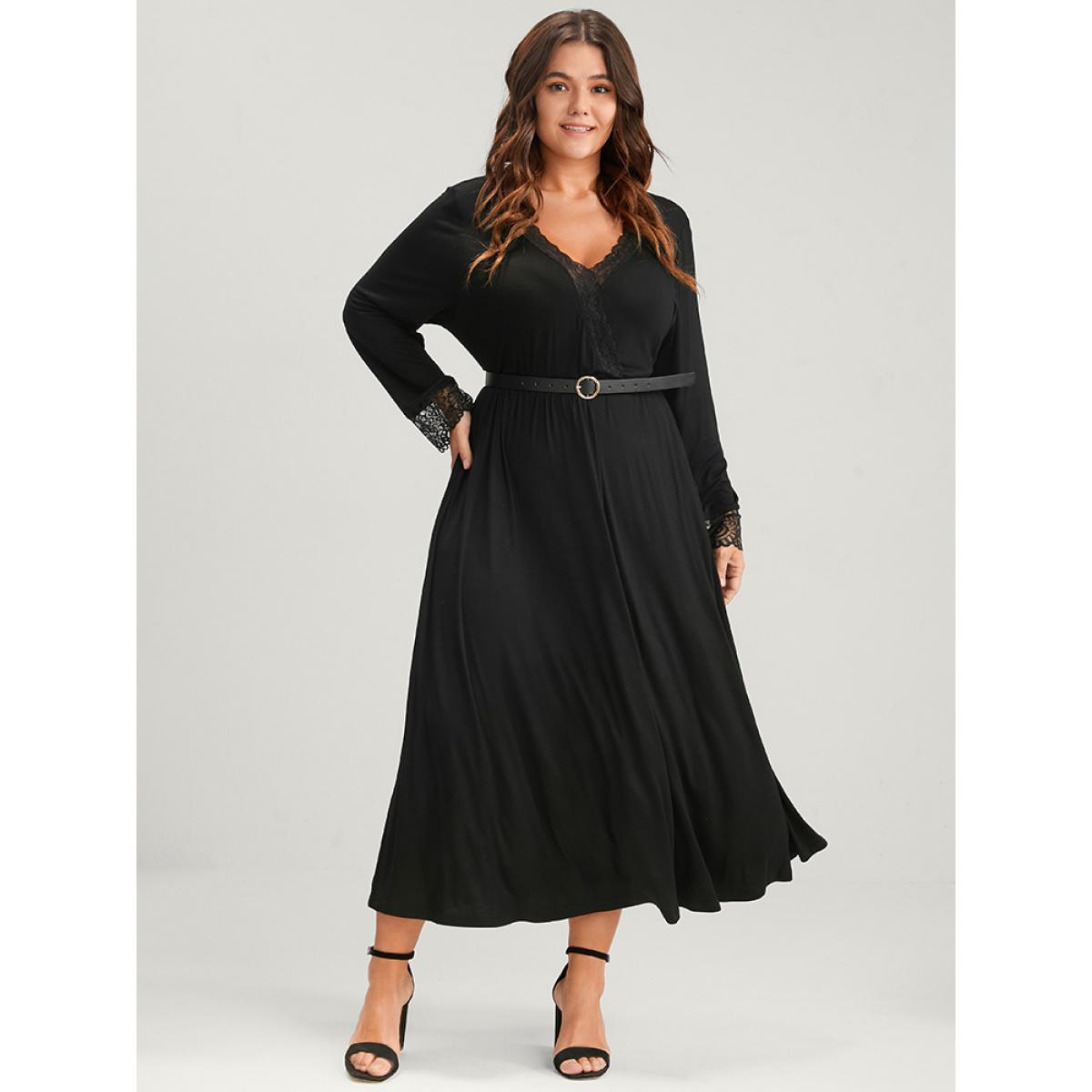 Plus Size Solid Lace Patchwork Pocket Wrap Maxi Dress Without Belt Black Women Elegant Lace V-neck Long Sleeve Curvy Long Dress BloomChic 14-16/1X Product Image