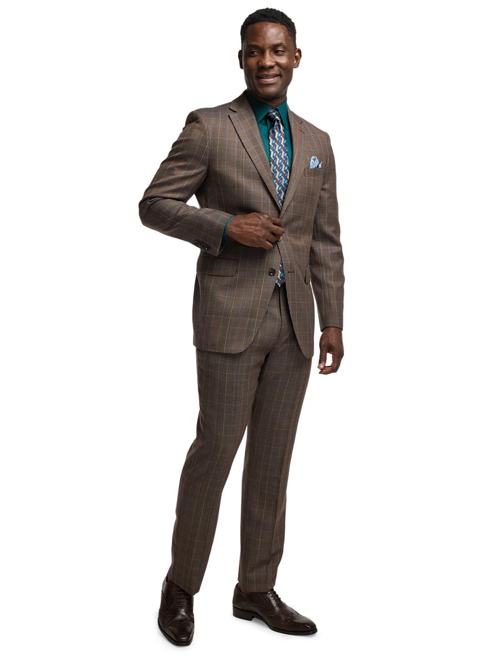 Wool Blend Plaid Single Breasted Notch Lapel Suit Jacket - Brown/blue Product Image