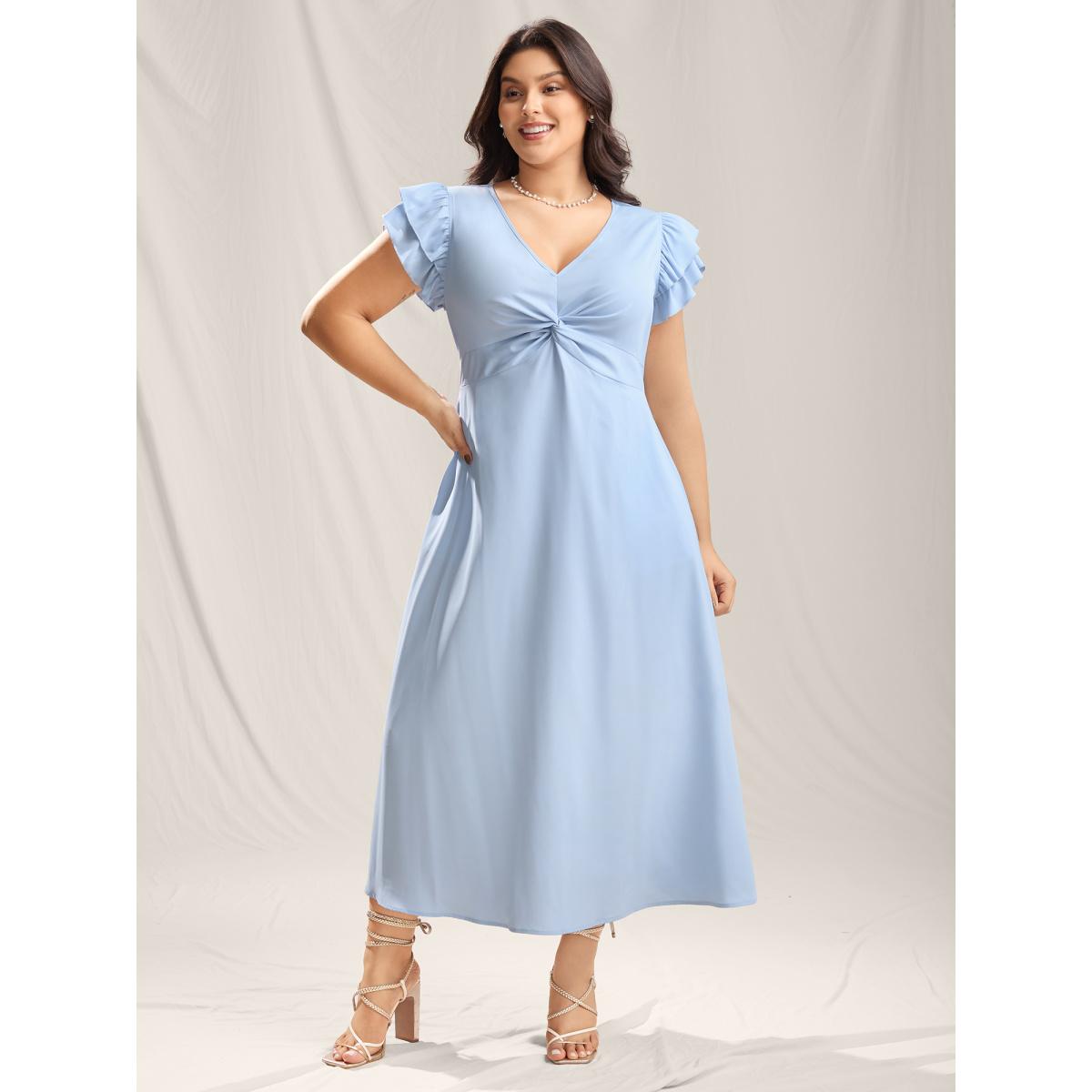 Plus Size Twist Front Woven A-Line Midi Dress LightBlue Women Timeless V-neck Sleeveless Curvy BloomChic 28/5X Product Image