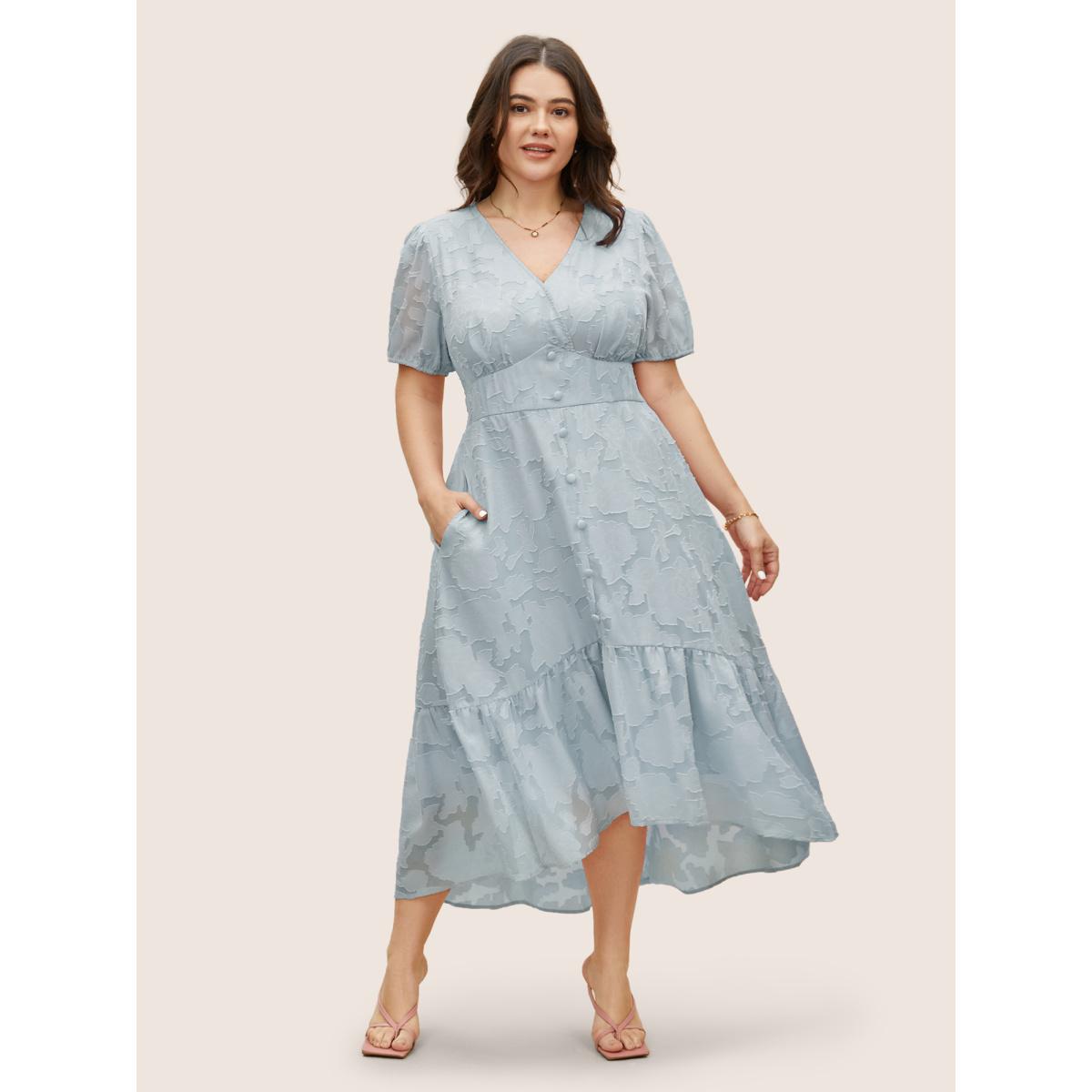 Plus Size Solid Textured Lantern Sleeve Button Detail Dress LightBlue Women Elegant Button V-neck Short sleeve Curvy BloomChic 22-24/3X Product Image