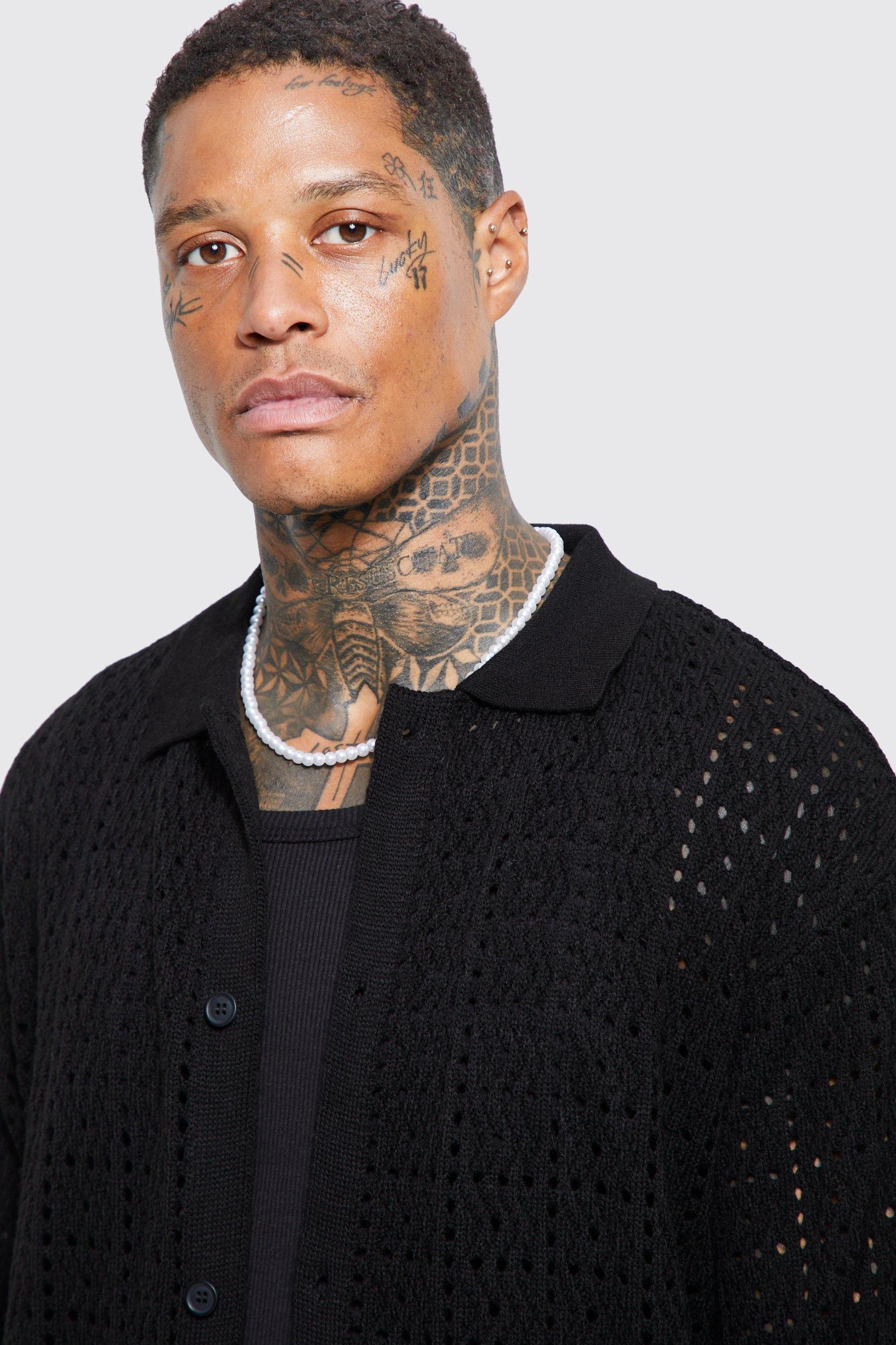 Oversized Long Sleeve Crochet Knitted Shirt | boohooMAN USA Product Image