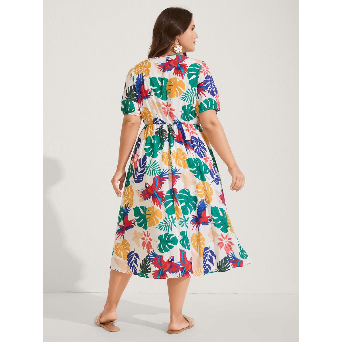 Plus Size Rayon Groovy Tropical Print Midi Dress Multicolor Women Square Neck Short sleeve Curvy BloomChic 28/5X Product Image