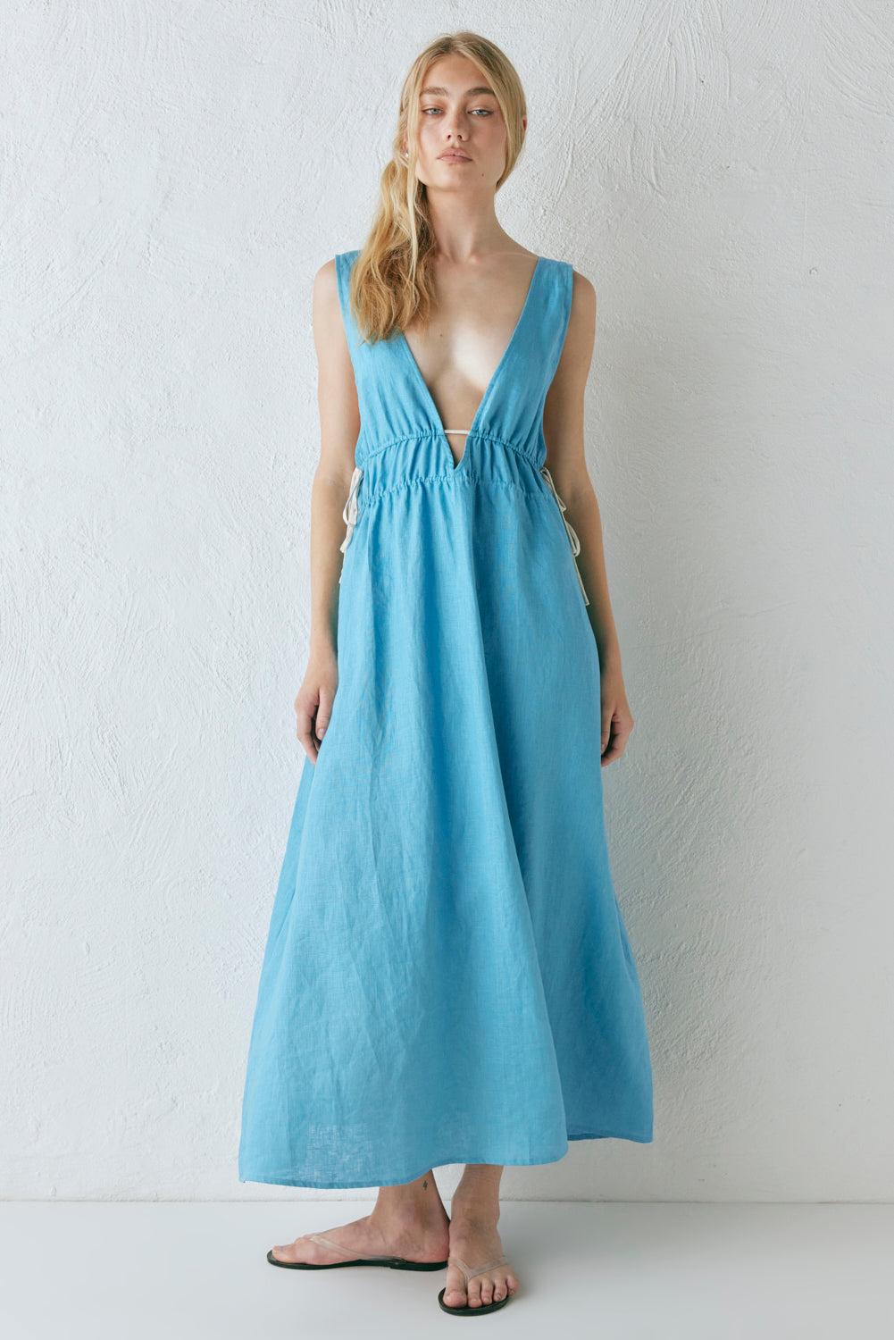 Paros Palms Linen Midi Dress Sea Product Image