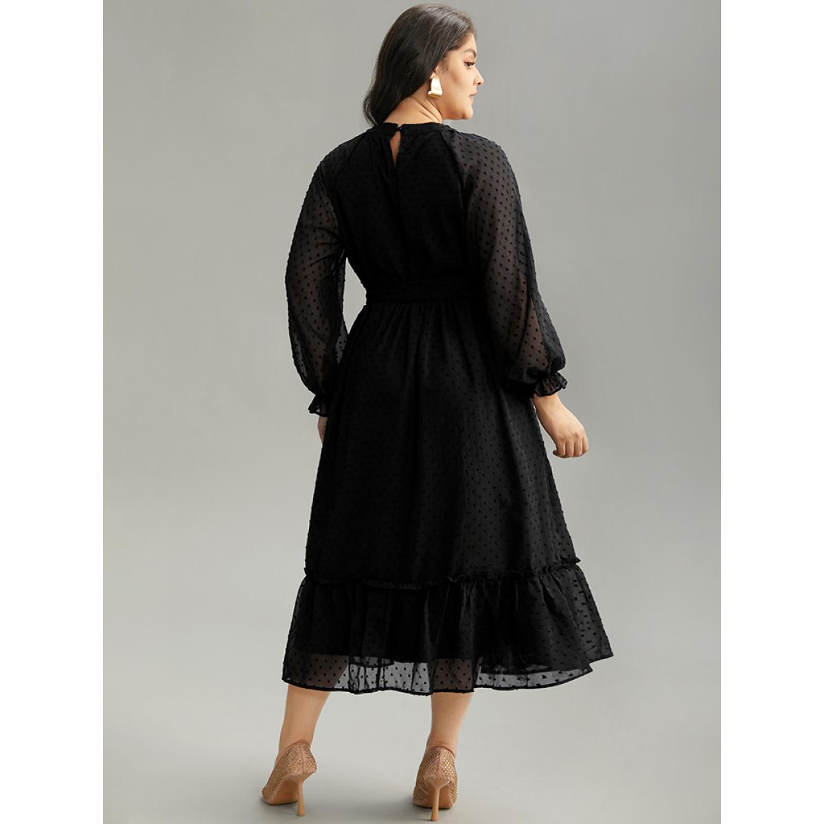 Plus Size Chiffon Texture Belted Mesh Keyhole Frill Trim Dress Black Women Office Texture Keyhole Cut-Out Long Sleeve Curvy Midi Dress BloomChic 18-20/2X Product Image