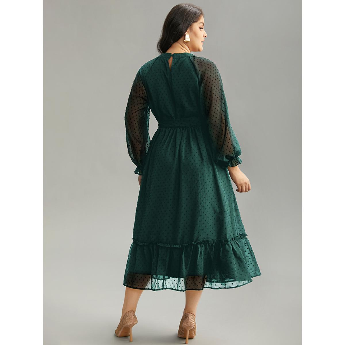 Plus Size Chiffon Texture Belted Mesh Keyhole Frill Trim Dress Cyan Women Office Texture Keyhole Cut-Out Long Sleeve Curvy Midi Dress BloomChic 30/6X Product Image