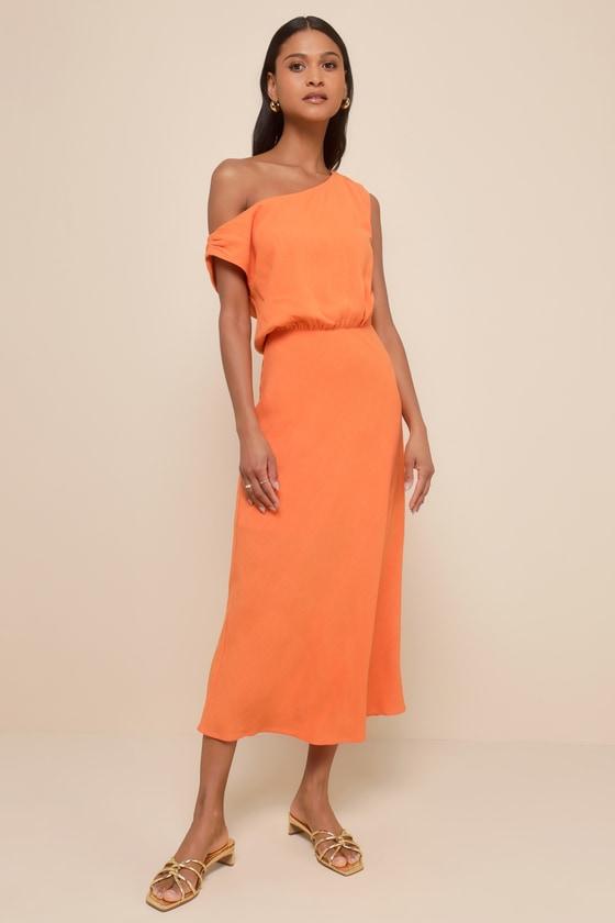 Casual Enchantment Orange Linen Off-the-Shoulder Midi Dress Product Image