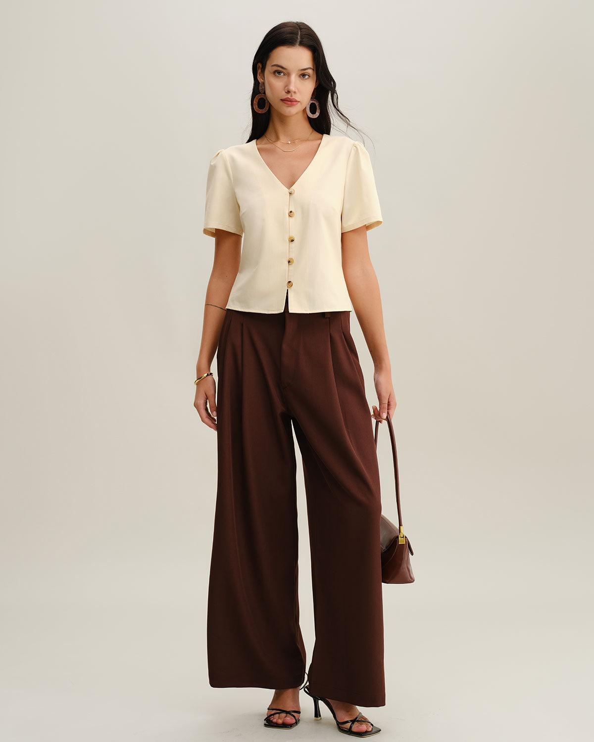 Beige V Neck Button Short Sleeve Blouse Product Image