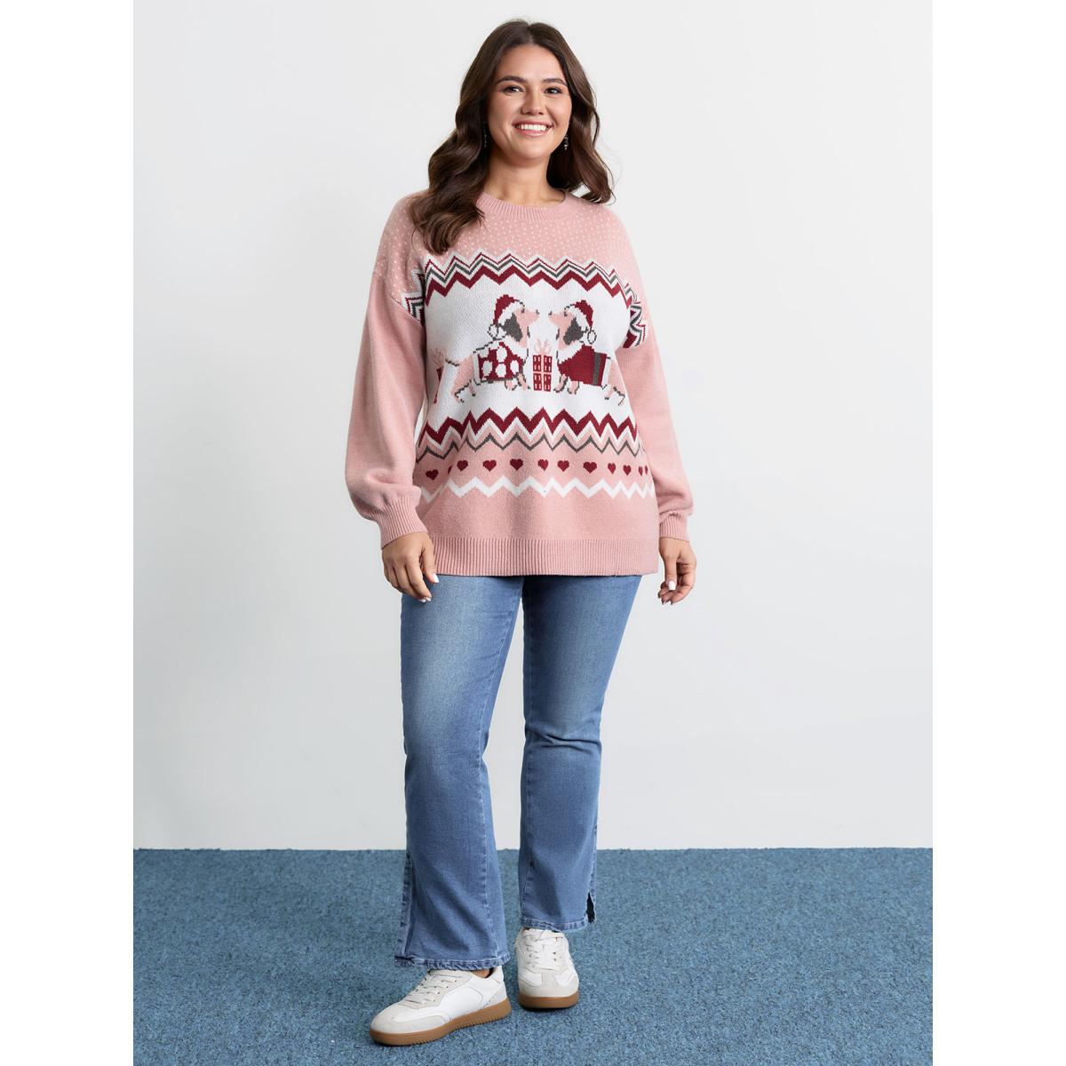 Plus Size Supersoft Holiday Pattern Drop Shoulder Pullover Lightpink Women Playful Loose Long Sleeve Round Neck Casual Pullovers BloomChic 18-20/2X Product Image