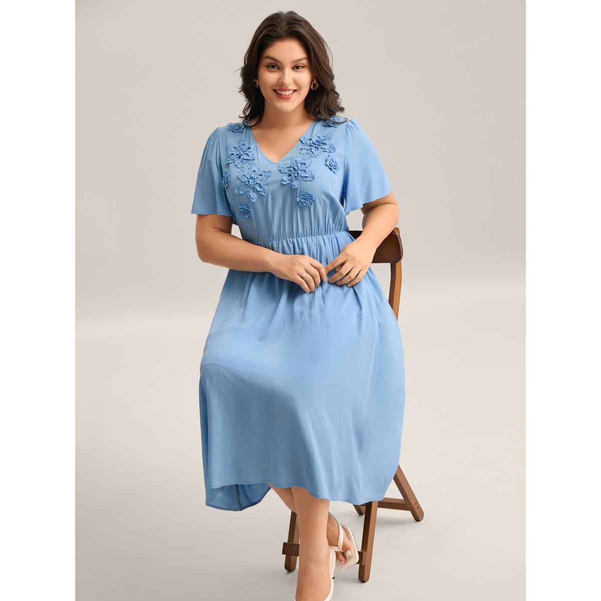 Plus Size Rayon Floral Detail Cinched-Waist Midi Dress Skyblue Women V-neck Short sleeve Curvy BloomChic 14-16/1X Product Image