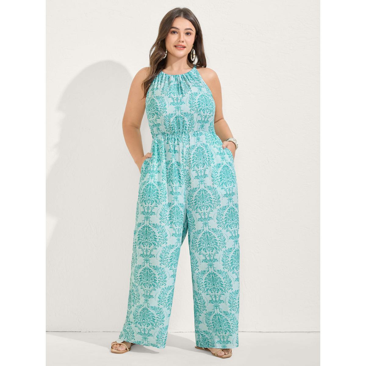 Plus Size Turquoise Rayon Damask Print Stretchy Waist Jumpsuit Women Boho Sleeveless Halter neck Vacation Loose Jumpsuits BloomChic 28/5X Product Image