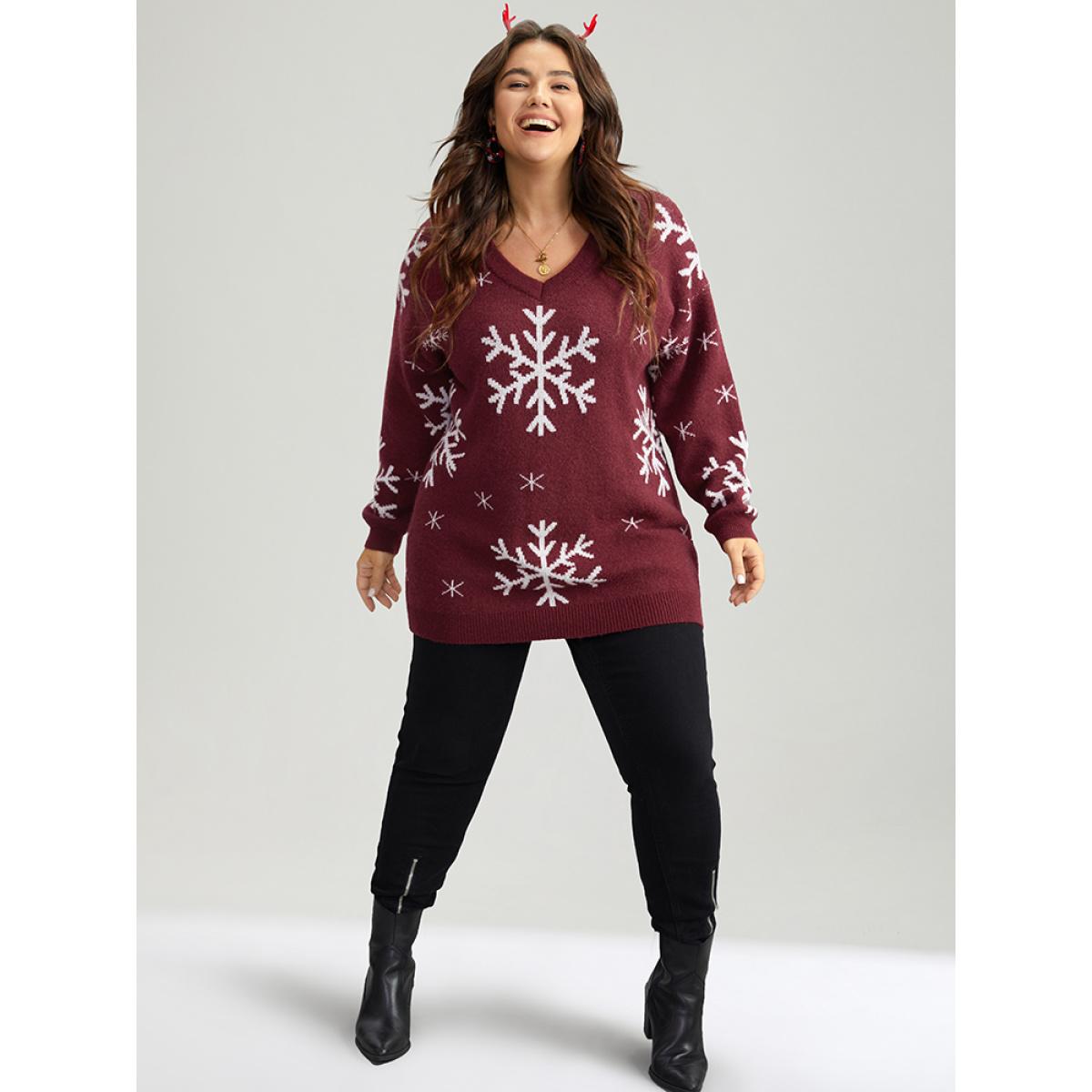 Plus Size Anti-Pilling Snowflake Print Pullover Scarlet Women Playful Loose Long Sleeve V-neck Casual Pullovers BloomChic 28/5X Product Image