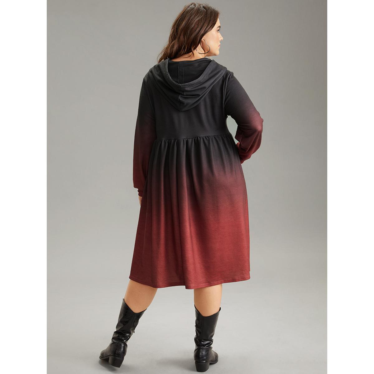 Plus Size Ombre Elastic Waist Drawstring Hooded Dress Scarlet Women Casual Printed Hooded Long Sleeve Curvy Midi Dress BloomChic 30/6X Product Image
