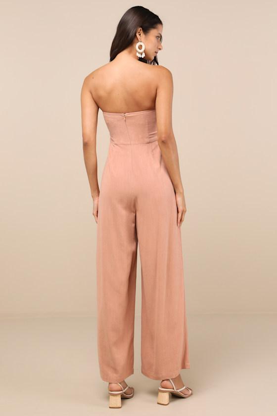 Breezy Essential Light Brown Linen Wide-Leg Jumpsuit Product Image