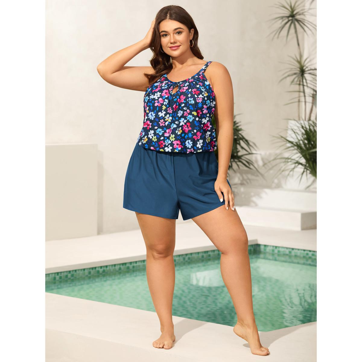 Plus Size Floral Print Keyhole Pockets Swim Romper Women's Swimwear Black Resort Curve Bathing Suits High stretch One Pieces BloomChic 10/M Product Image