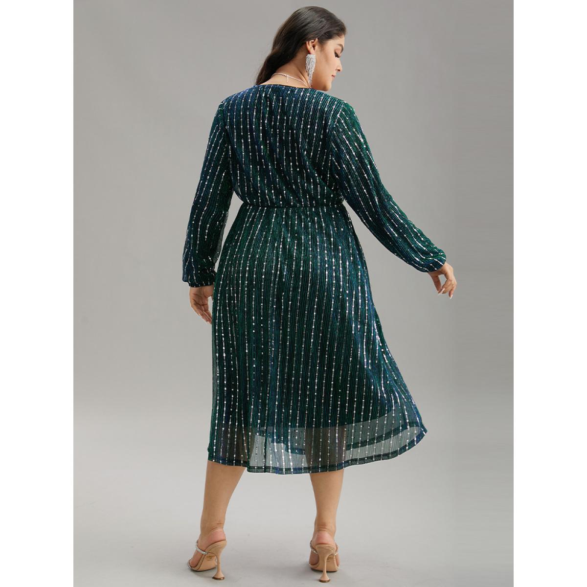 Plus Size Sequin Mesh V Neck Elastic Waist Dress DarkSlateGray Women Cocktail Sequin V-neck Long Sleeve Curvy Midi Dress BloomChic 22-24/3X Product Image