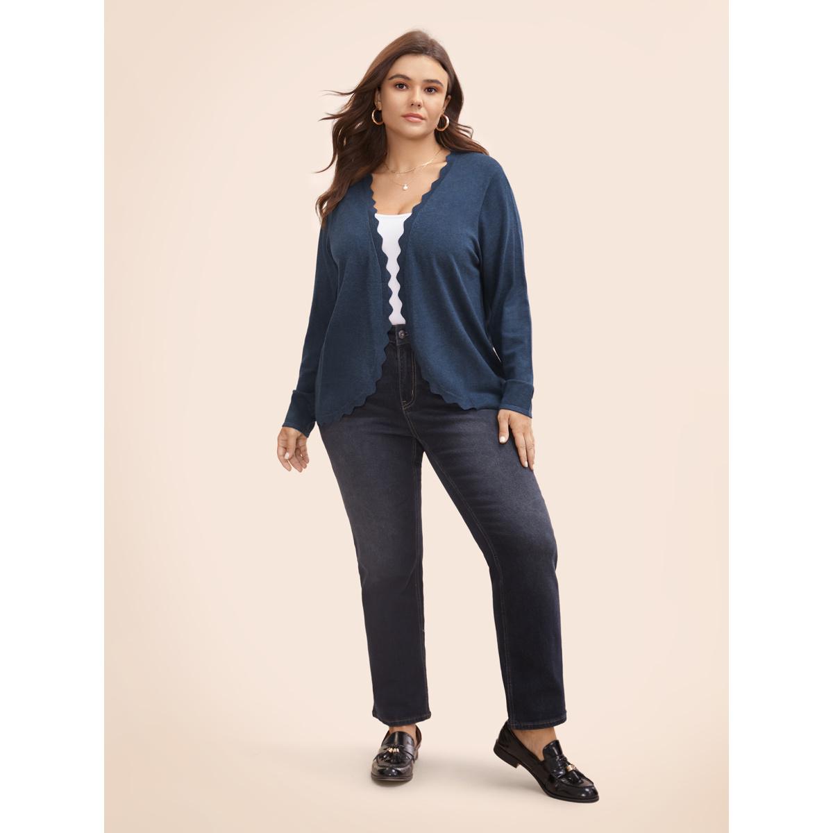 Plus Size Supersoft Essentials Solid Scalloped Trim Cardigan Midnight Women Casual Loose Long Sleeve Everyday Cardigans BloomChic 12/L Product Image