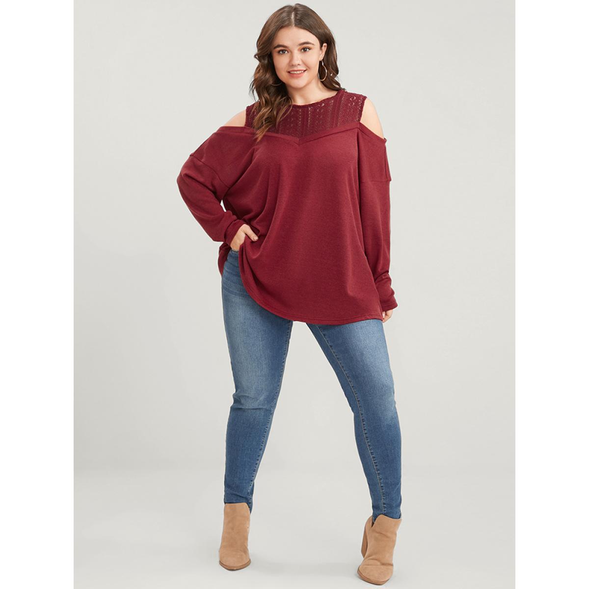 Plus Size Solid Lace Mesh Cold Shoulder Sweatshirt Women Burgundy Elegant See through Round Neck Dailywear Sweatshirts BloomChic 10/M Product Image
