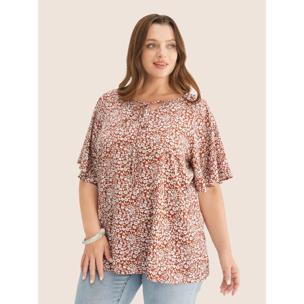 Plus Size Maroon Ditsy Floral Ruffle Sleeve Tie Neck Blouse Women Elegant Short sleeve V-neck Everyday Blouses BloomChic 22-24/3X Product Image