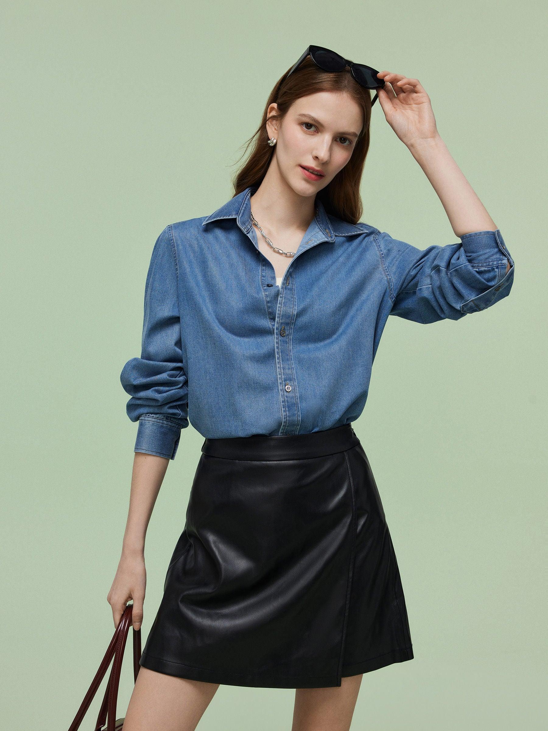 Denim Long Sleeve Women Shirt Product Image