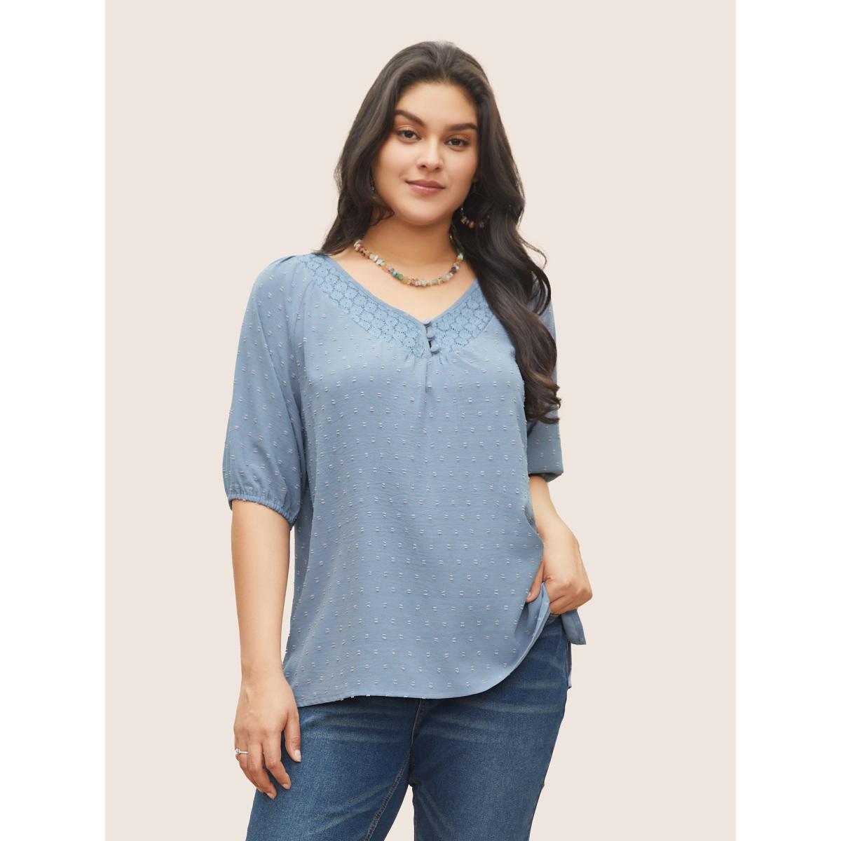 Plus Size Stone Plain Texture Lace Patchwork Lantern Sleeve Blouse Women Elegant Half Sleeve V-neck Everyday Blouses BloomChic 14-16/1X Product Image