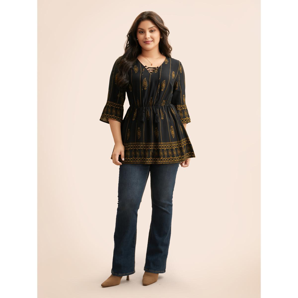 Plus Size Black Boho Print Lace Up Bell Sleeve Blouse Women Elegant Elbow-length sleeve V-neck Everyday Blouses BloomChic 14-16/1X Product Image