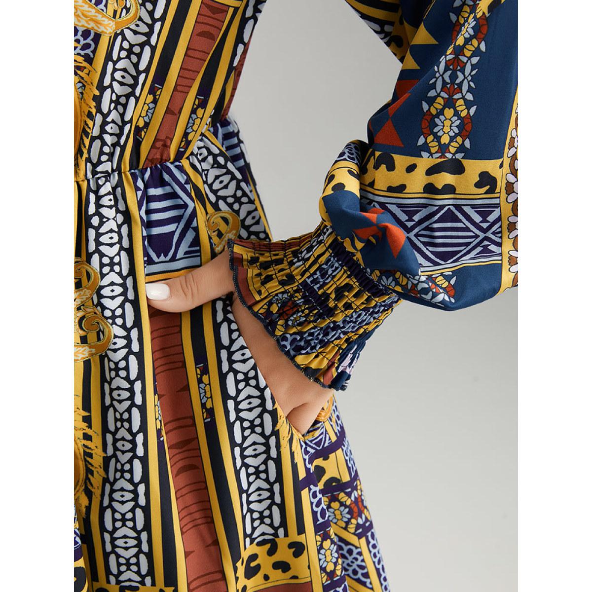 Plus Size Boho Print Shirred Pocket Ruffle Hem Dress DarkBlue Women Vacation Printed V-neck Long Sleeve Curvy Midi Dress BloomChic 12/L Product Image