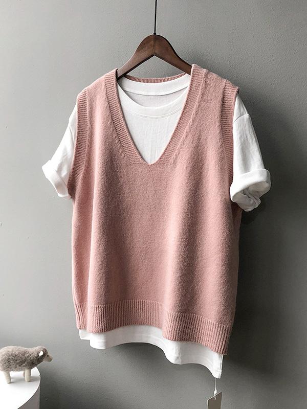 Simple 9 Colors V-Neck Loose Sleeveless Vest Product Image