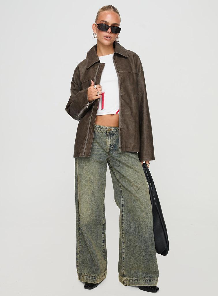 Faux Leather Collared Dad Jacket Washed Brown Product Image