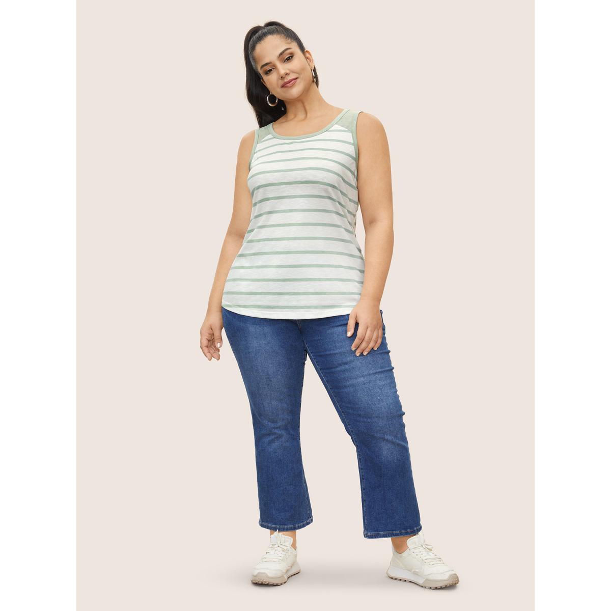Plus Size Contrast Stripes Round Neck Tank Top Women LightGreen Casual Contrast Round Neck Everyday Tank Tops Camis BloomChic 10/M Product Image