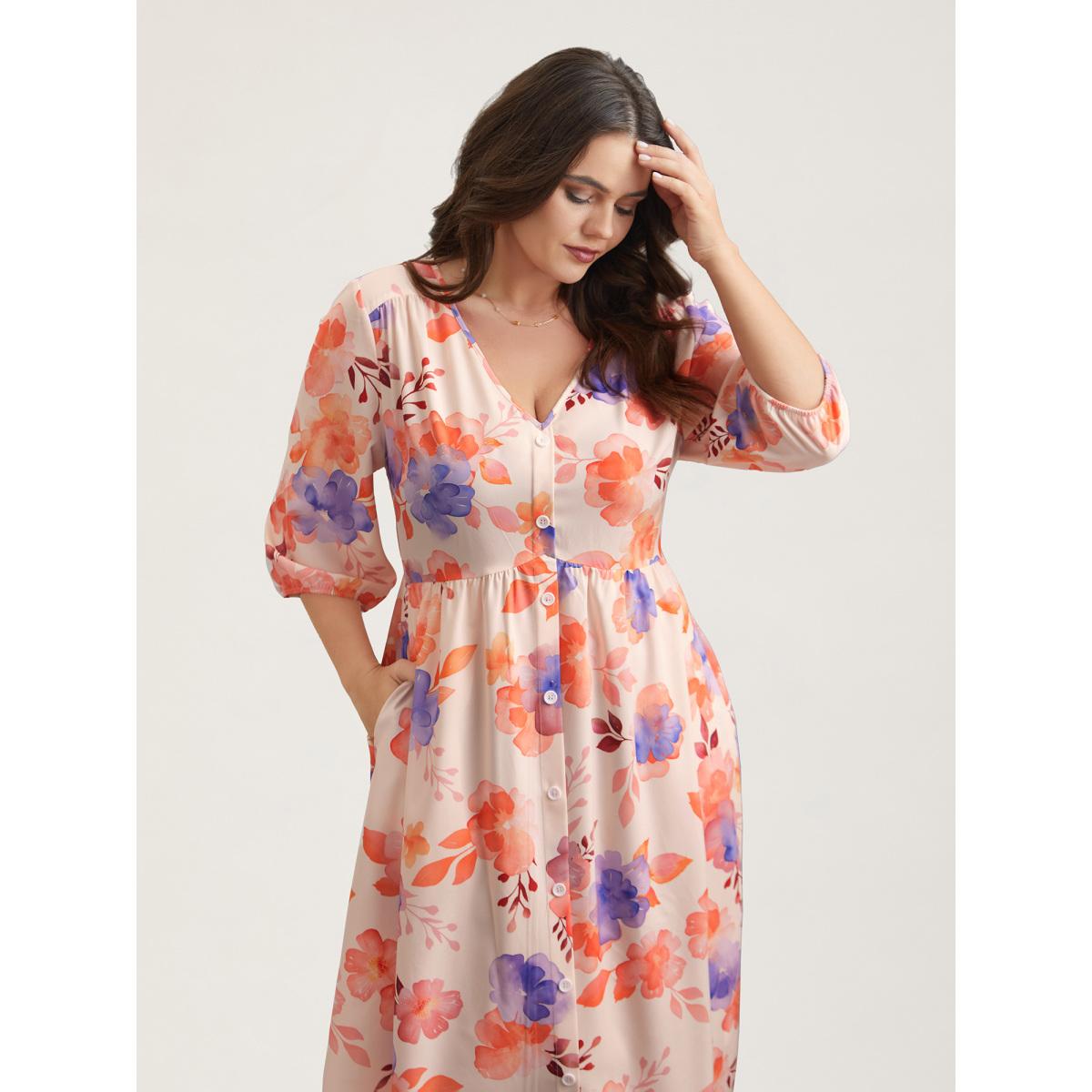 Plus Size Floral Fusion Front-Placket Midi Dress Blush Women Elegant Button V-neck Elbow-length sleeve Curvy BloomChic 22-24/3X Product Image