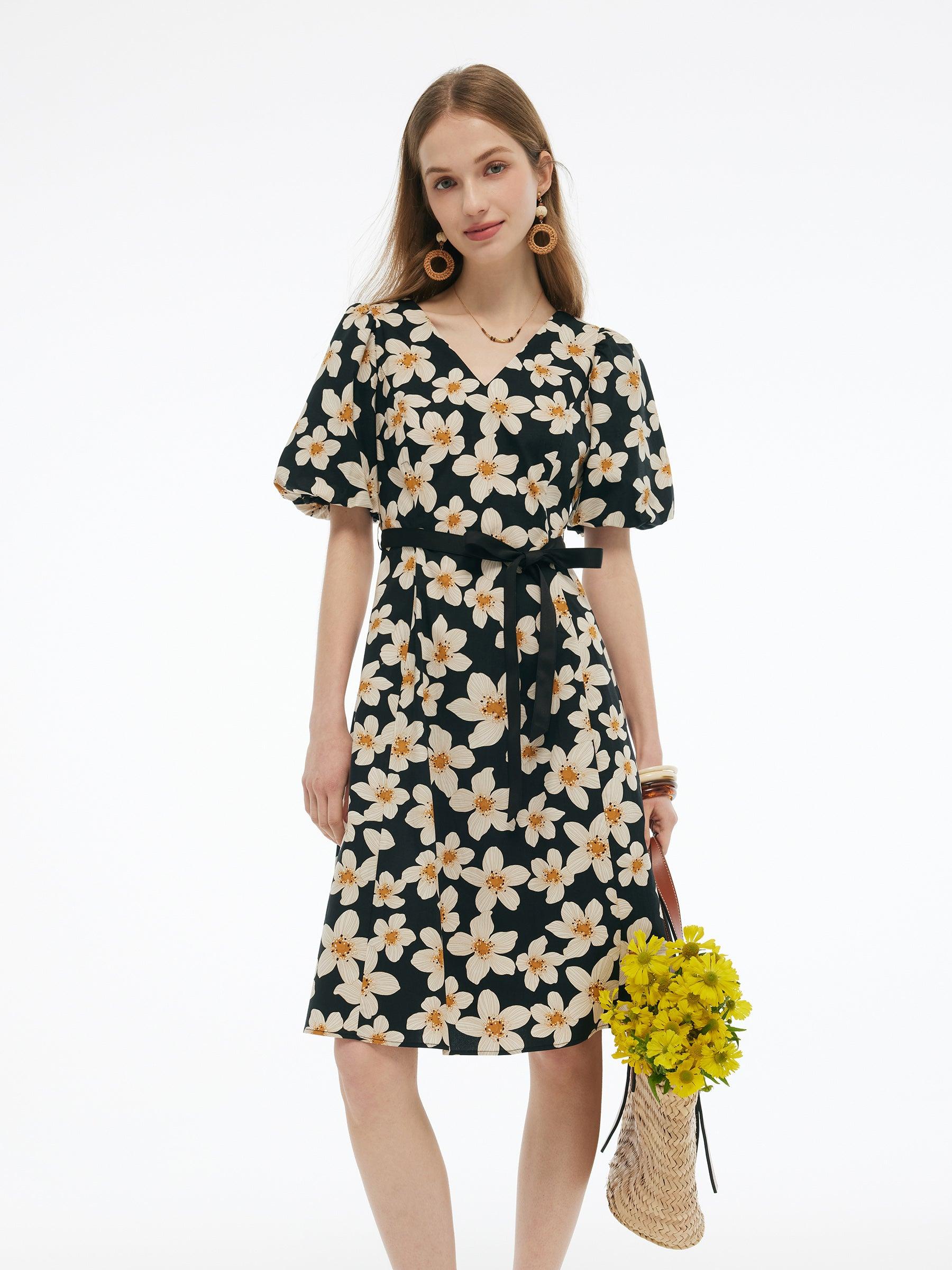 Cotton Stretch Floral Print Women Tie Belt Midi Dress Product Image