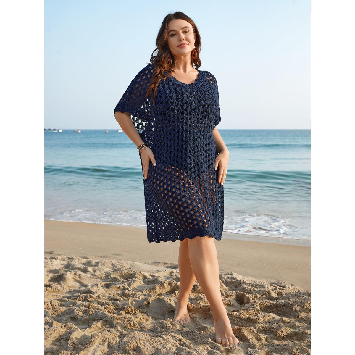 Plus Size V Neck Cut-Out Plain Textured Swim Cover Up Women's Swimwear Indigo Beach Loose Texture Curve Swim Cover Ups BloomChic 12/L Product Image