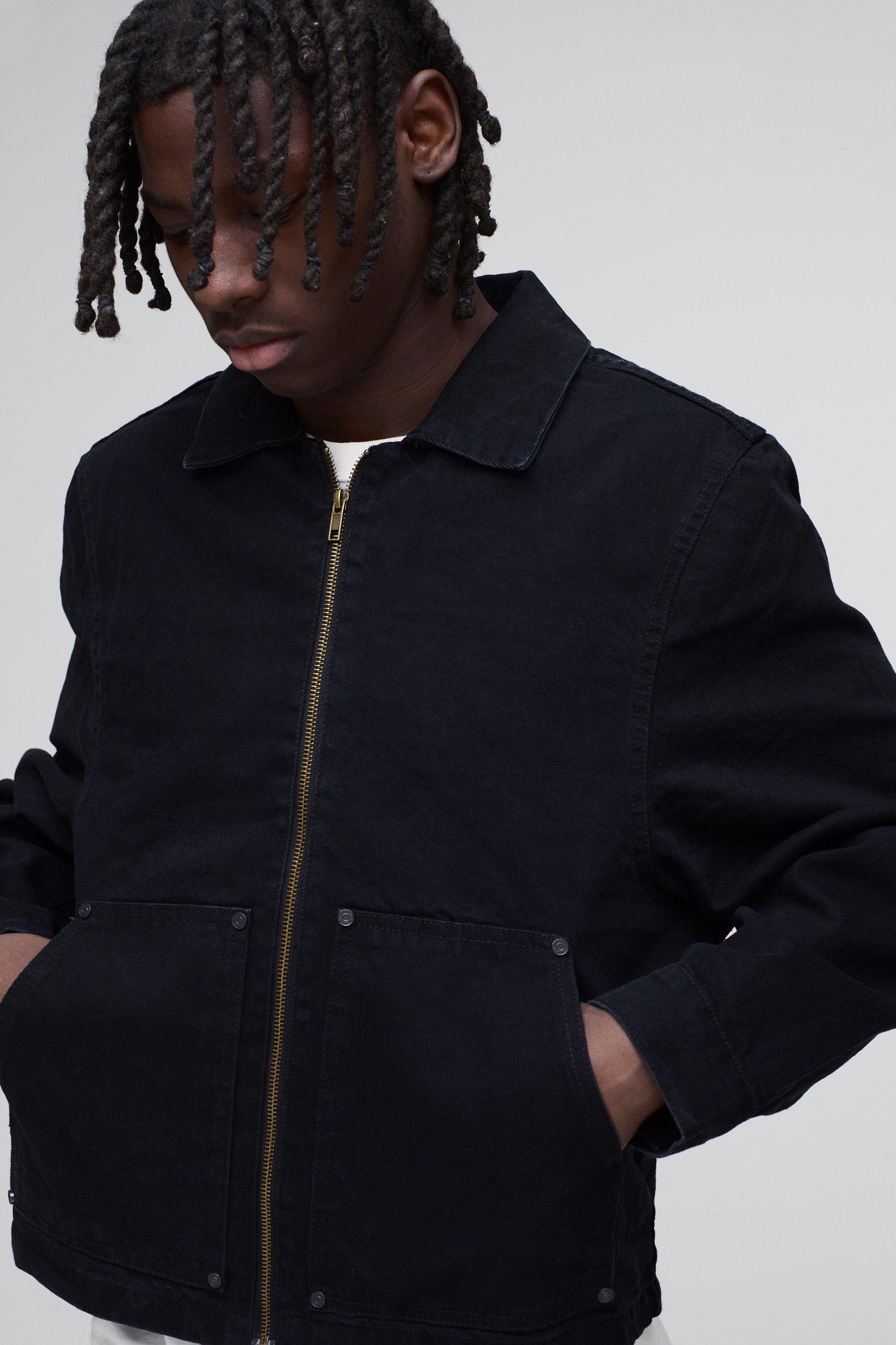 Carpenter Black Denim Harrington Jacket | boohooMAN USA Product Image