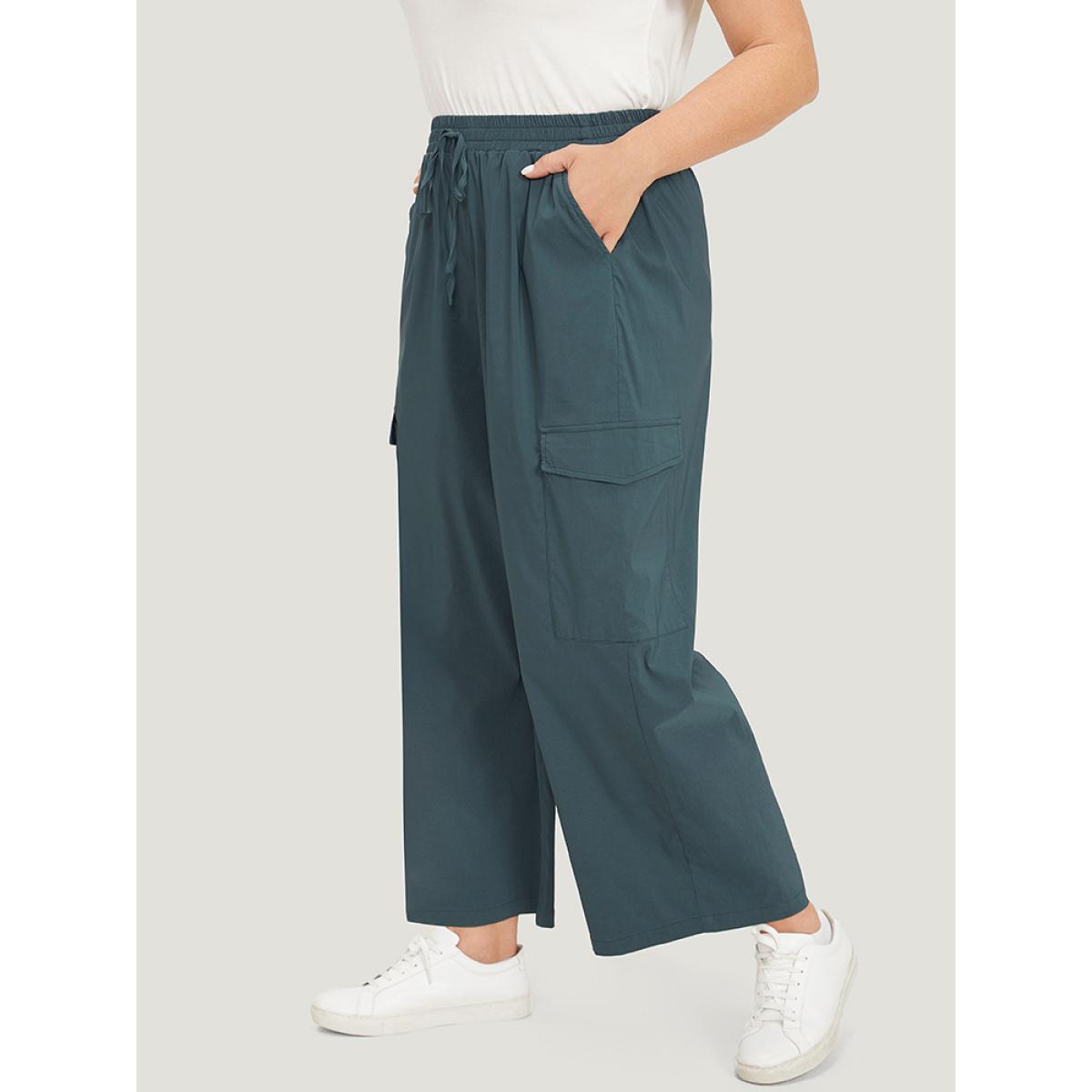 Plus Size Plain Drawstring Patched Pocket High Rise Pants Women DarkGreen Casual Straight Leg High Rise Dailywear Pants BloomChic 14-16/1X Product Image