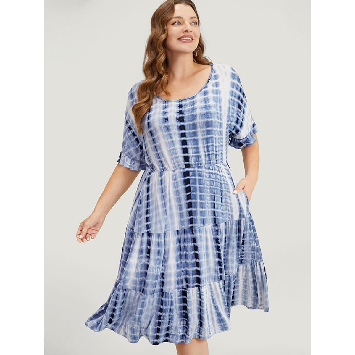 Plus Size Tie Dye Dolman Sleeve Pocket Ruffle Tiered Dress DarkBlue Women Casual Pocket Round Neck Short sleeve Curvy Knee Dress BloomChic 12/L Product Image