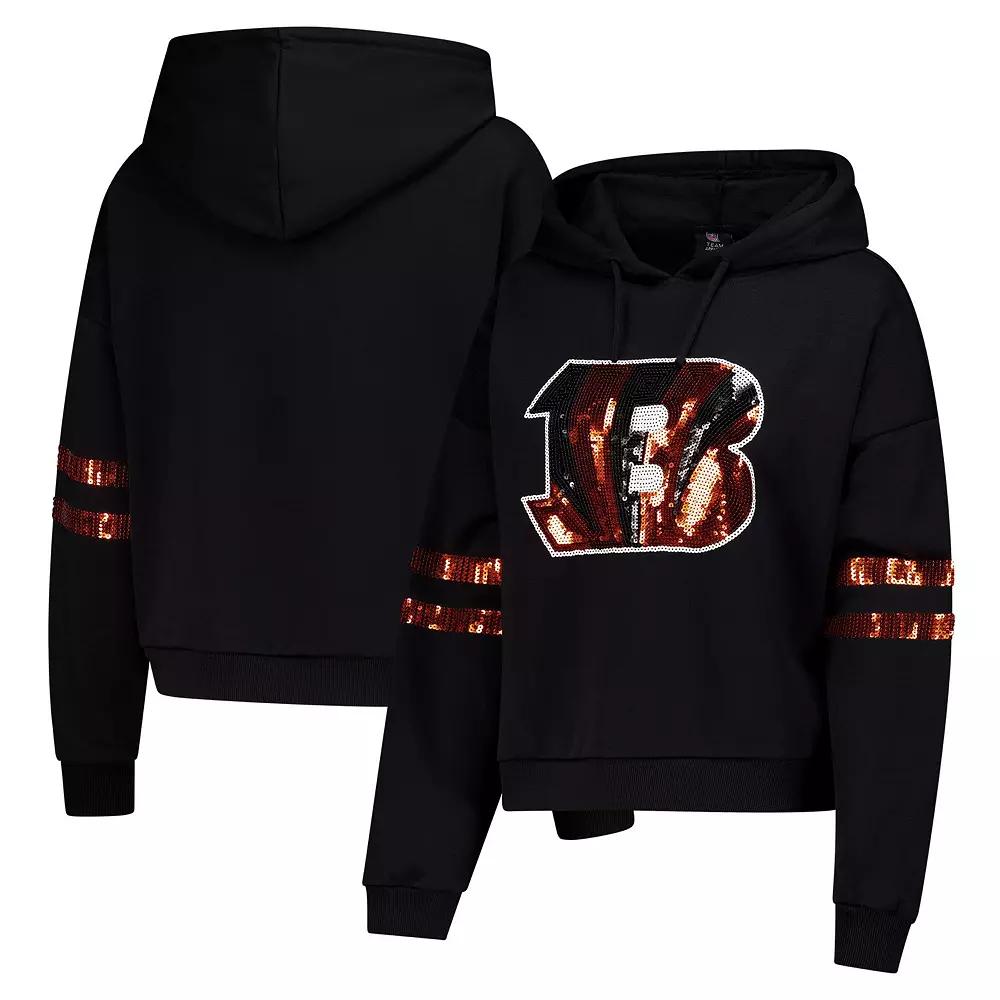 Women's Cuce Black Cincinnati Bengals Cropped Sequins Pullover Hoodie,  Product Image