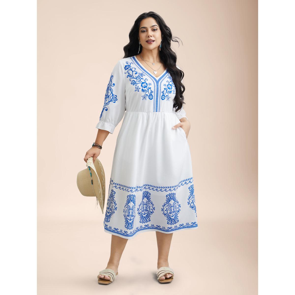 Plus Size Boho Print Waist-Defined Ruffle Midi Dress Stone Women Resort Non V-neck Elbow-length sleeve Curvy BloomChic 30/6X Product Image