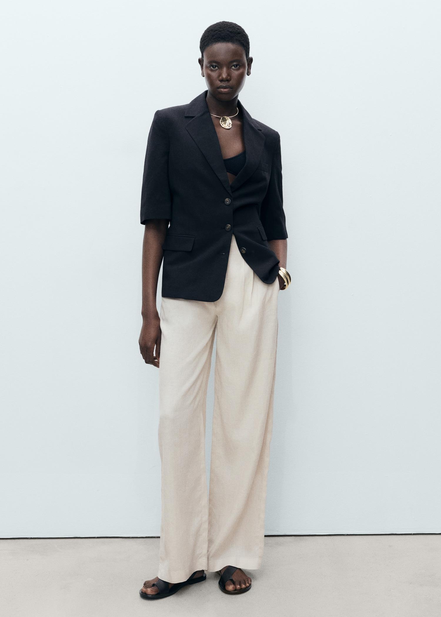 Linen pants with tortoiseshell button - Women | MANGO USA Product Image