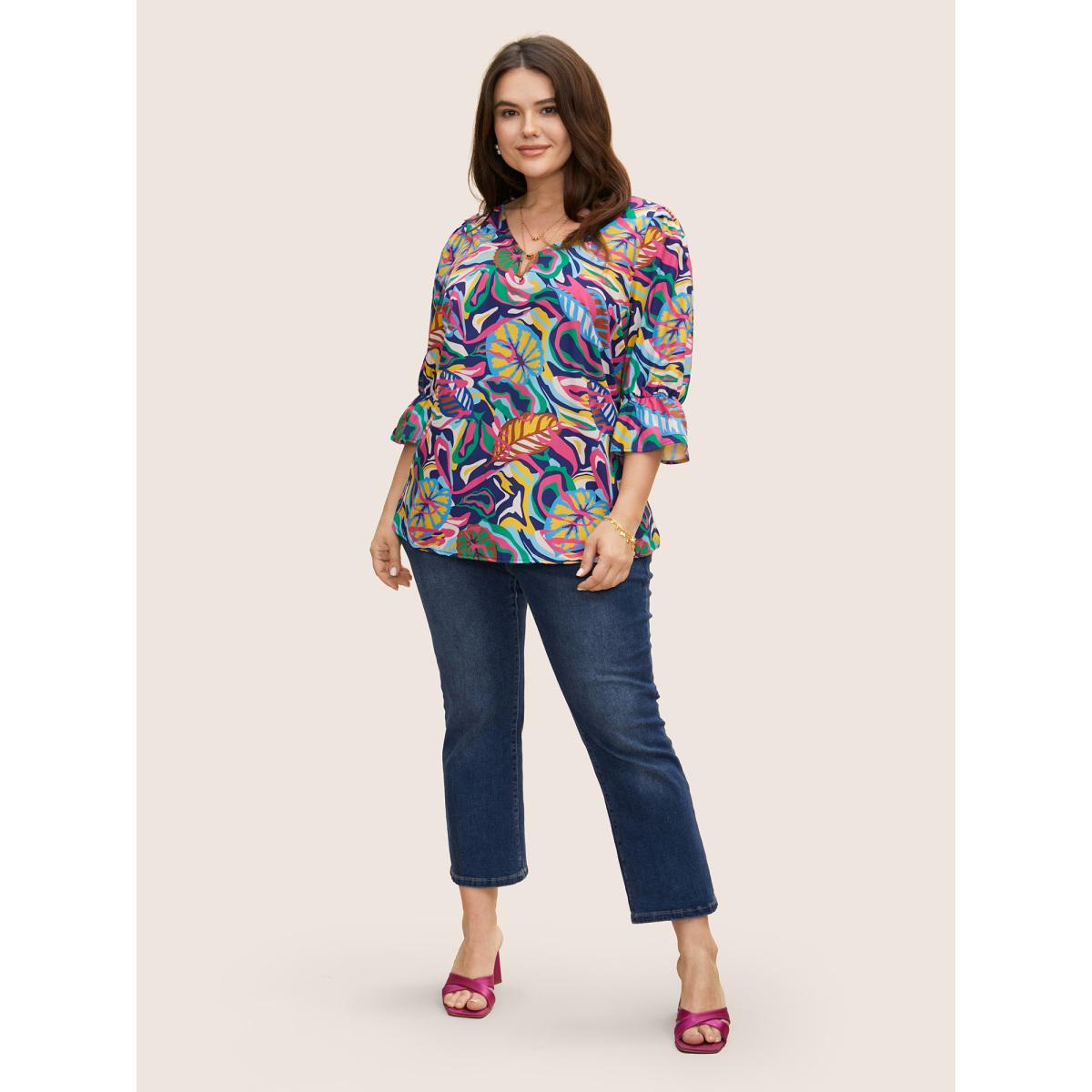 Plus Size Multicolor Tropical Print Notched Lantern Sleeve Blouse Women Elegant Elbow-length sleeve Notched collar Everyday Blouses BloomChic 12/L Product Image