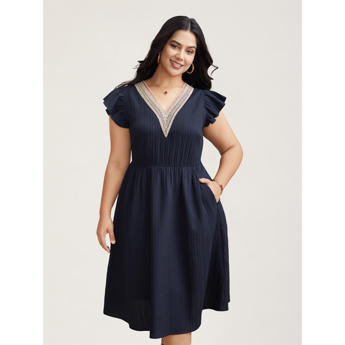 Plus Size Textured Lace Neckline Ruffled Sleeve Dress Navy Women Elegant Woven ribbon&lace trim V-neck Short sleeve Curvy BloomChic 30/6X Product Image