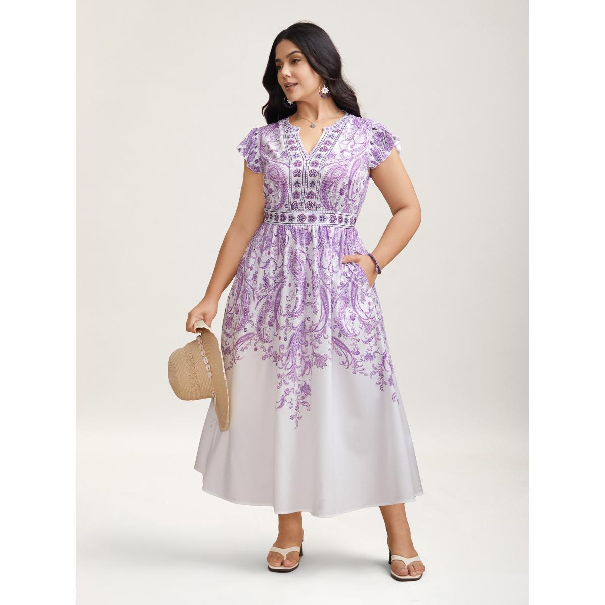 Plus Size Paisley Print Notched Collar Ruffled Midi Dress Mauve Women Resort Ruffles Flat collar with V-notch Short sleeve Curvy BloomChic 30/6X Product Image