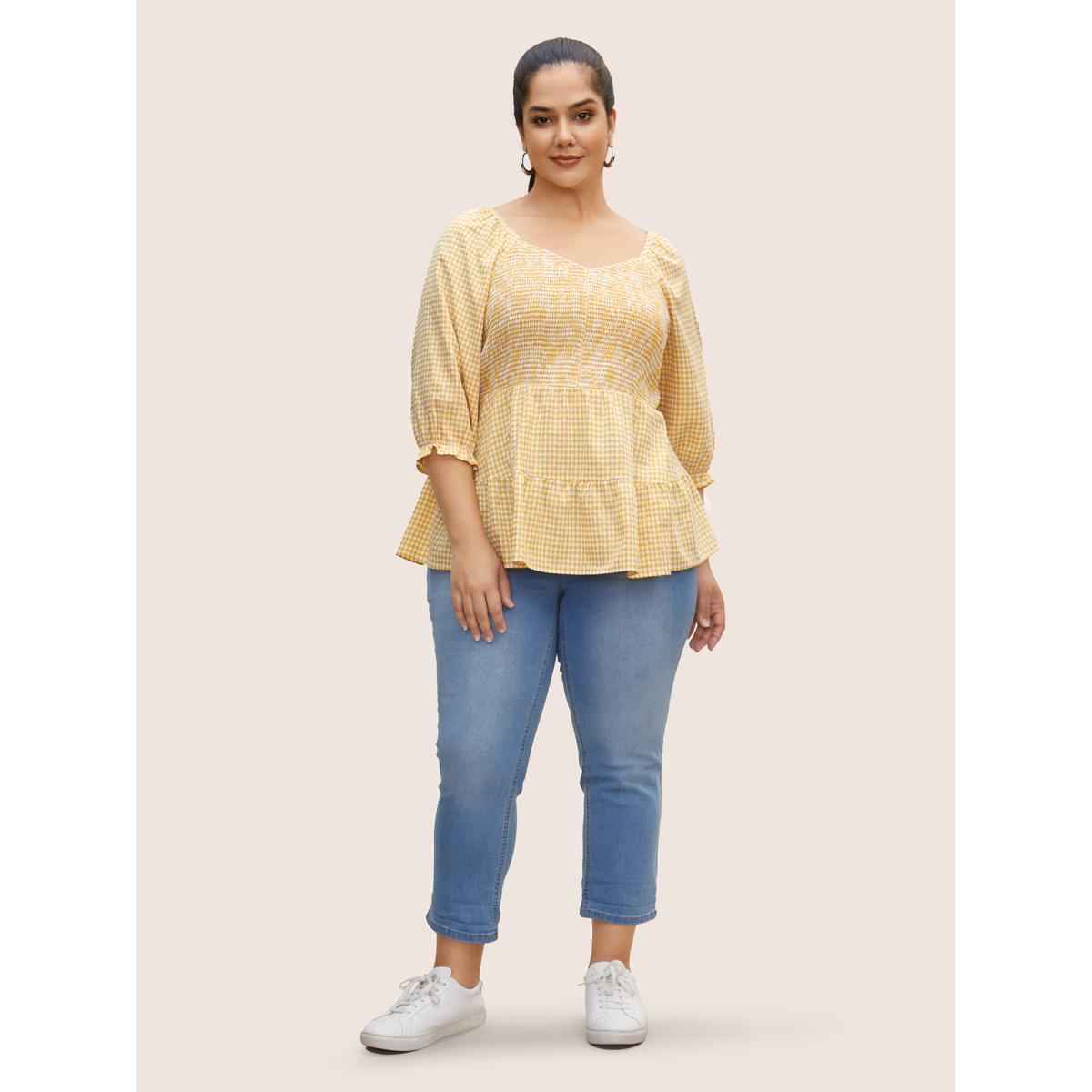 Plus Size Turmeric Heart Neckline Gingham Shirred Lantern Sleeve Blouse Women Casual Elbow-length sleeve Heart neckline Everyday Blouses BloomChic 14-16/1X Product Image