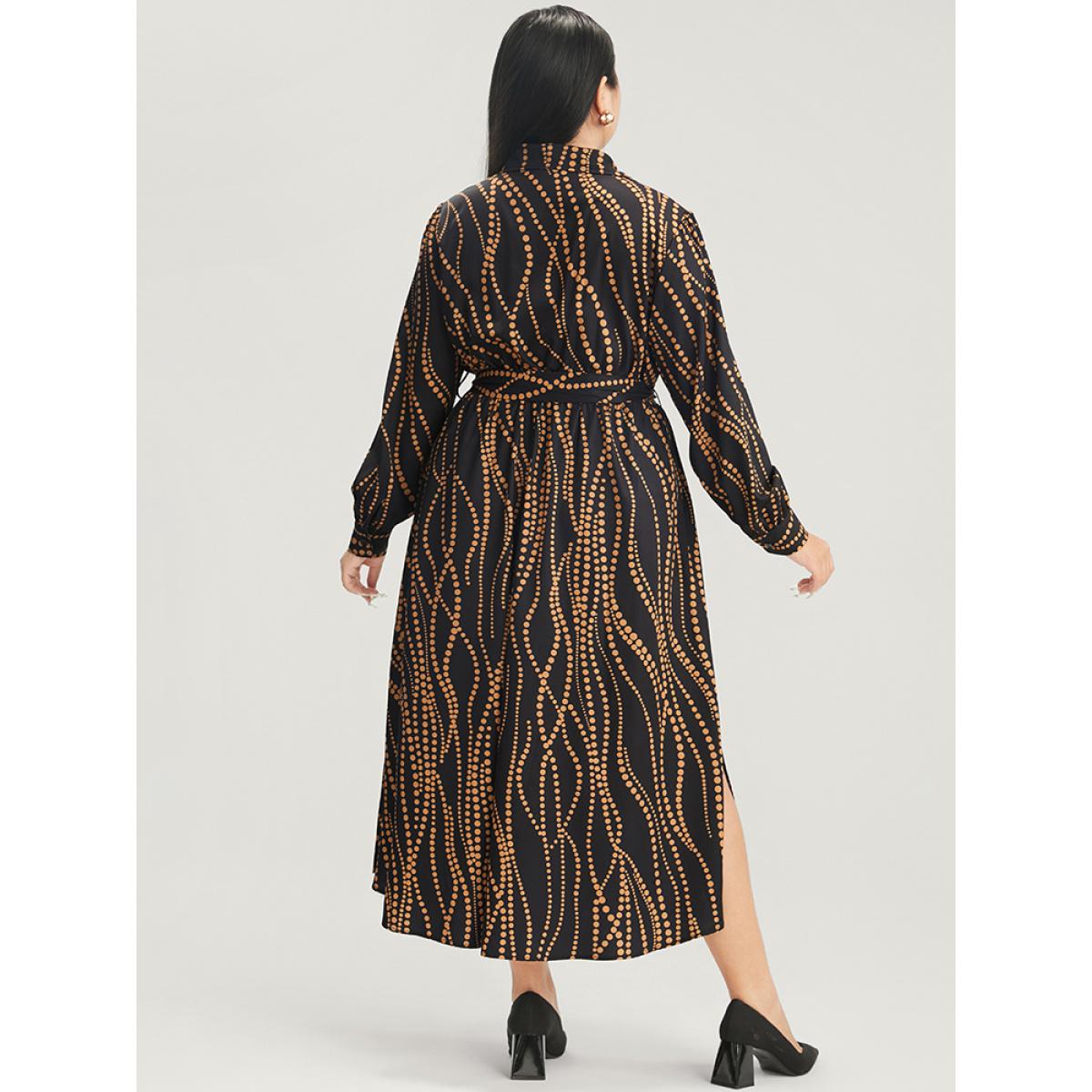 Plus Size Polka Dot Pocket Button Detail Belted Shirt Collar Dress Black Women Office Pocket Shirt collar Long Sleeve Curvy Midi Dress BloomChic 28/5X Product Image