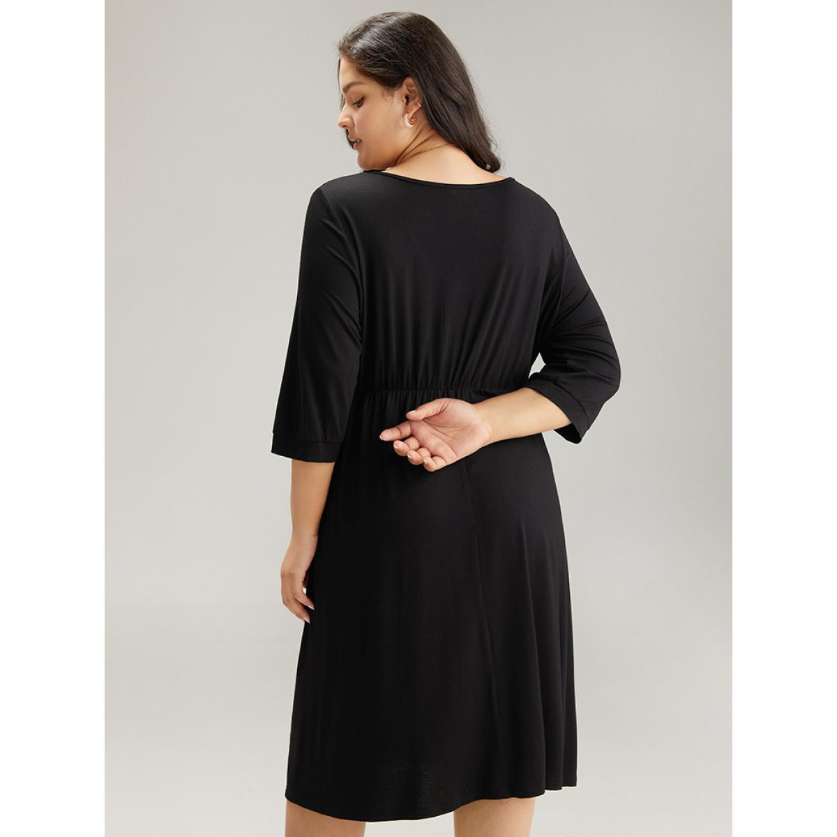 Plus Size Plain Pocket Elastic Waist Zipper Dress Black Women Office Plain V-neck Elbow-length sleeve Curvy Midi Dress BloomChic 14-16/1X Product Image