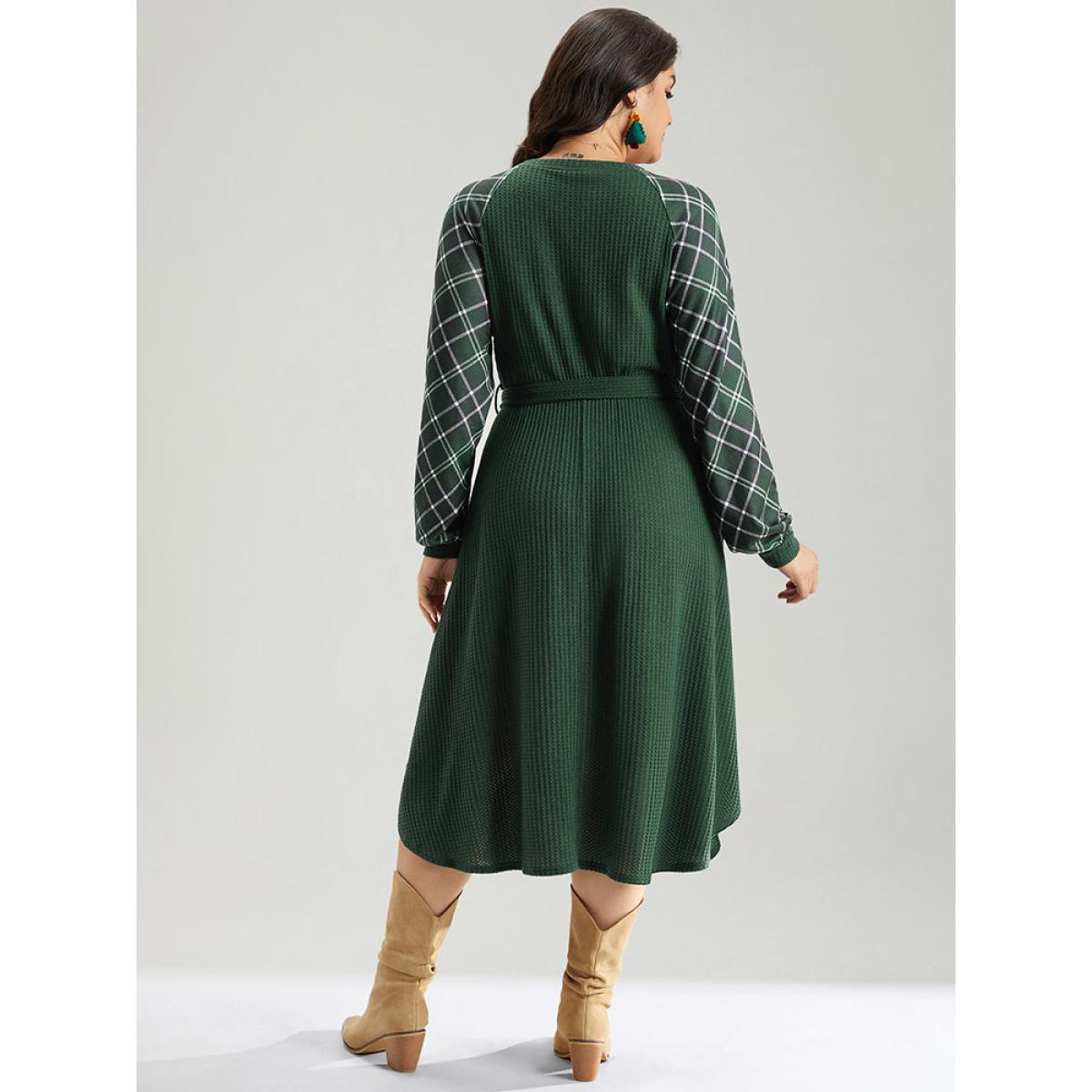 Plus Size Waffle Knit Plaid Patchwork Belted Dress DarkGreen Women Elegant Belted V-neck Long Sleeve Curvy Midi Dress BloomChic 10/M Product Image