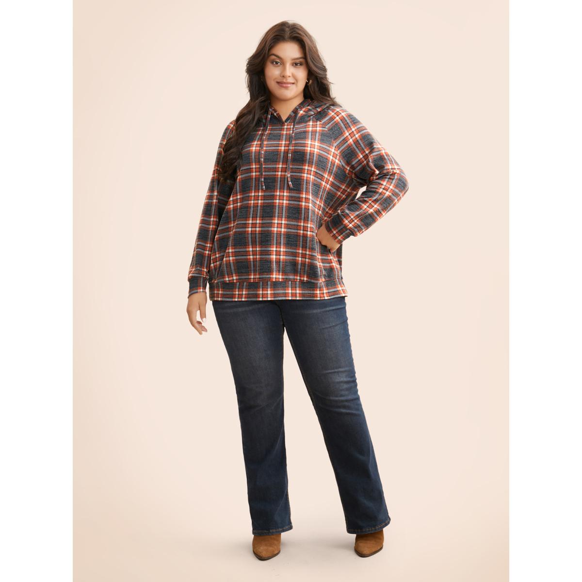 Plus Size Plaid Hooded Drawstring Raglan Sleeve Sweatshirt Women Multicolor Leisure Drawstring Hooded Casual Sweatshirts BloomChic 26/4X Product Image