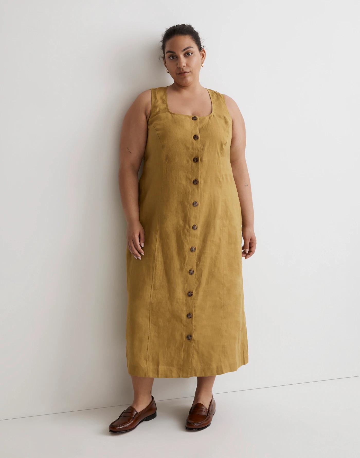 Plus 100% Linen Button-Front Midi Dress Product Image
