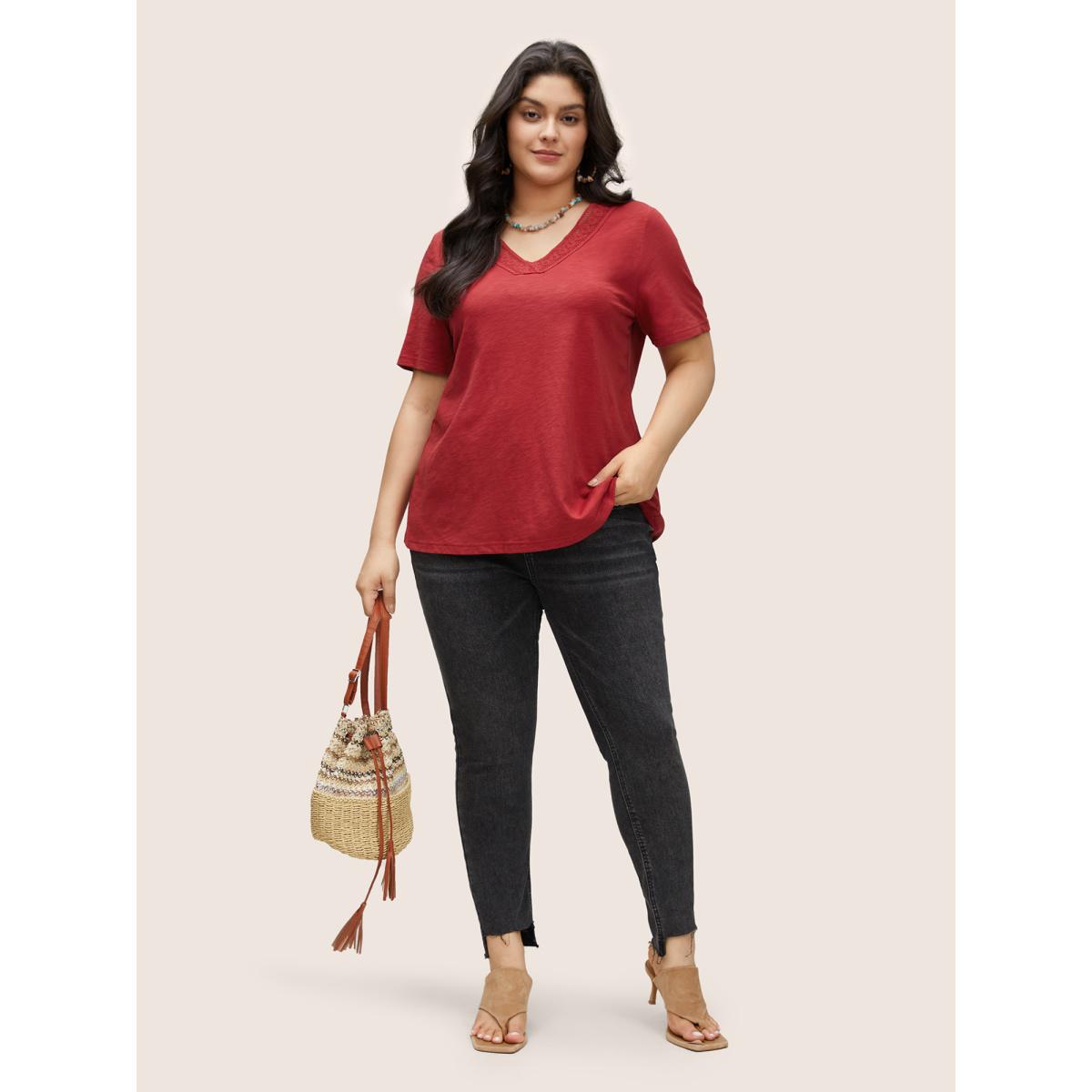 Plus Size Plain V Neck Lace Panel T-shirt Red Women Elegant Non Plain V-neck Everyday T-shirts BloomChic 10/M Product Image