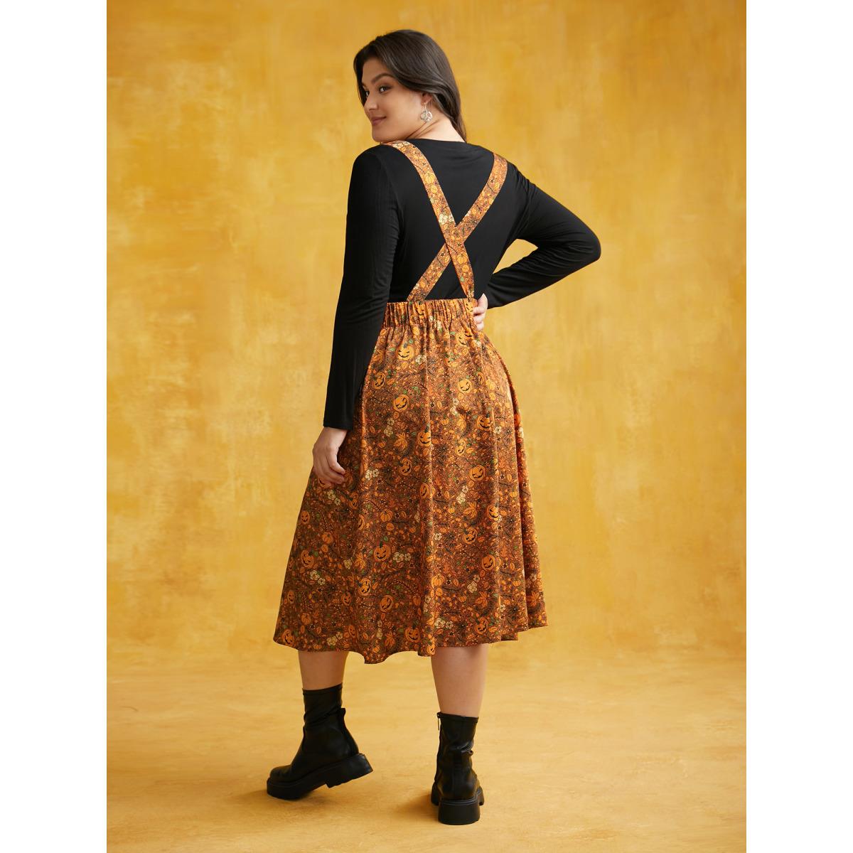 Plus Size Pumpkin Print Suspender Midi Dress Amber Women Casual Non Party Curvy Bloomchic 28/5X Product Image