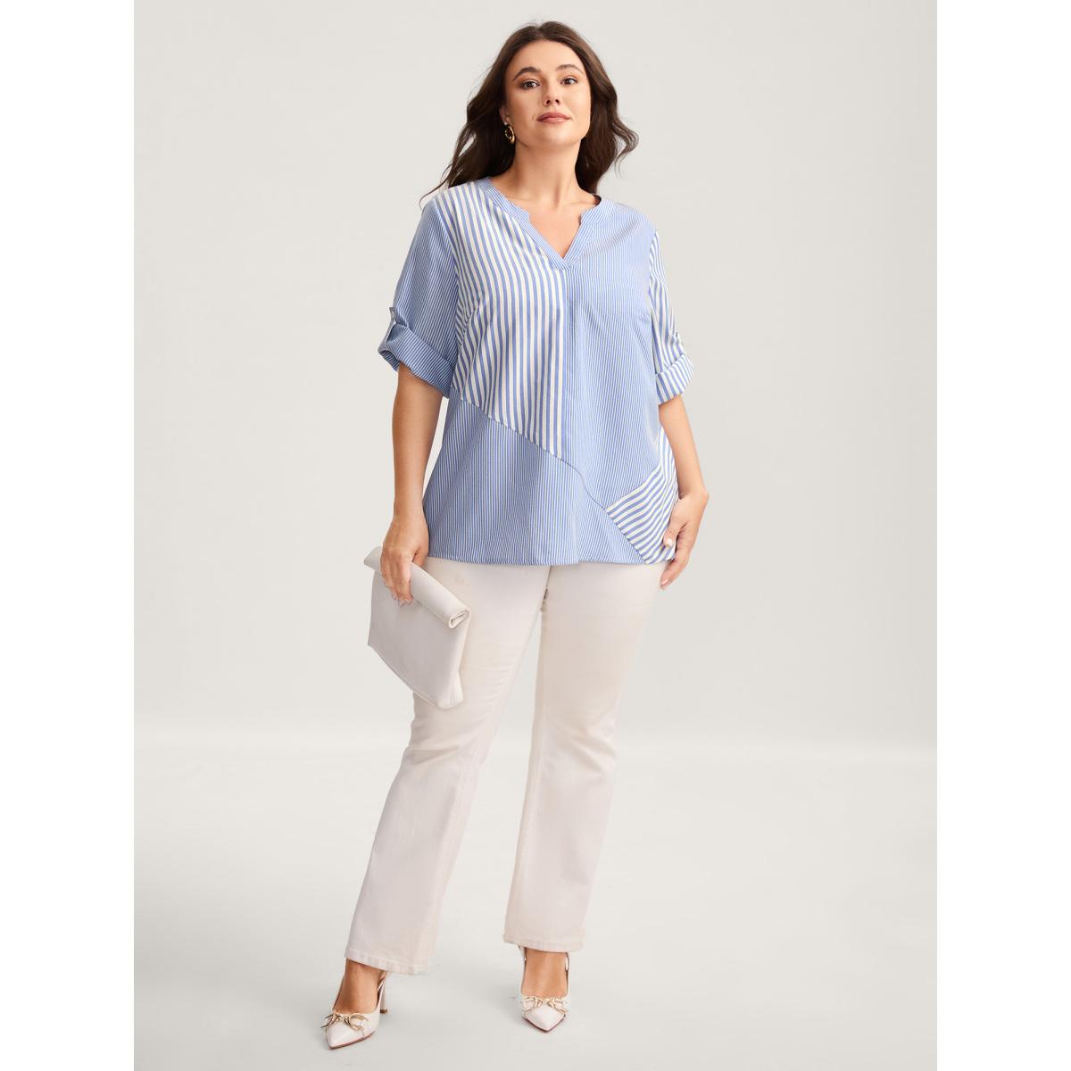 Plus Size DarkBlue Modern Stripes Notched Collar Blouse Women Elbow-length sleeve Flat collar with V-notch Work Blouses BloomChic 14-16/1X Product Image